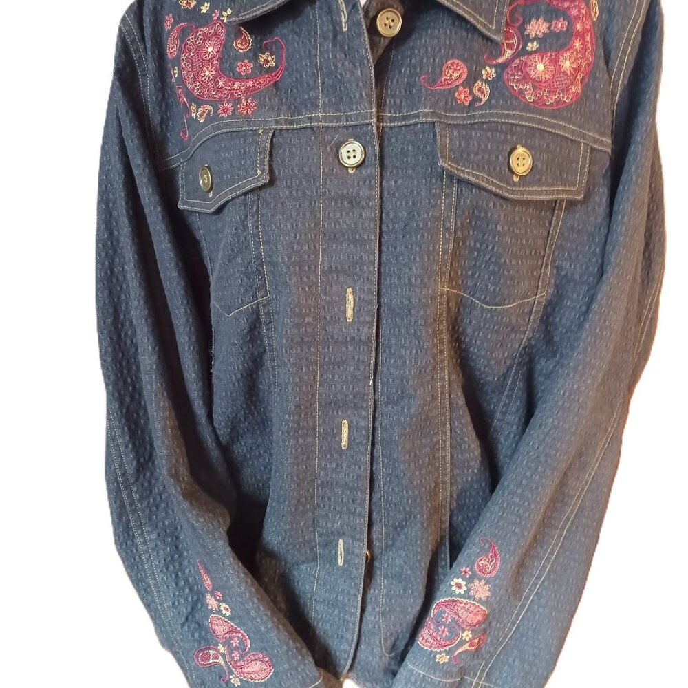 Rebecca Malone Dark Wash Embroidered jean jacket  L